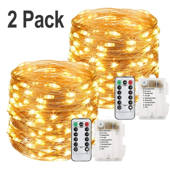 2Pack 16ft 50 LED Fairy Lights Battery Operated Waterproof Copper Wire String Lights with Remote for Home Garden Christmas Party Holiday Decor (Warm White)