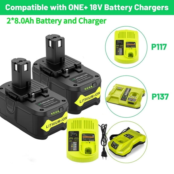 2Pack 18V Battery and Charger Combo for Ryobi 18-Volt Cordless Tools Battery and P117 Charger, 18V Battery Capacity Output 6.0Ah