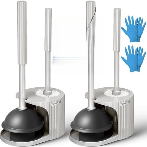 2Pack 2 in 1 Toilet Brush and Plunger Set, Extended Handle Plunger，Toilet Bowl Brush Plunger Set,Bathroom Cleaning Tools ，Toilet Brush Plunger Combo，Cleaning Supplies（Cream Grey）