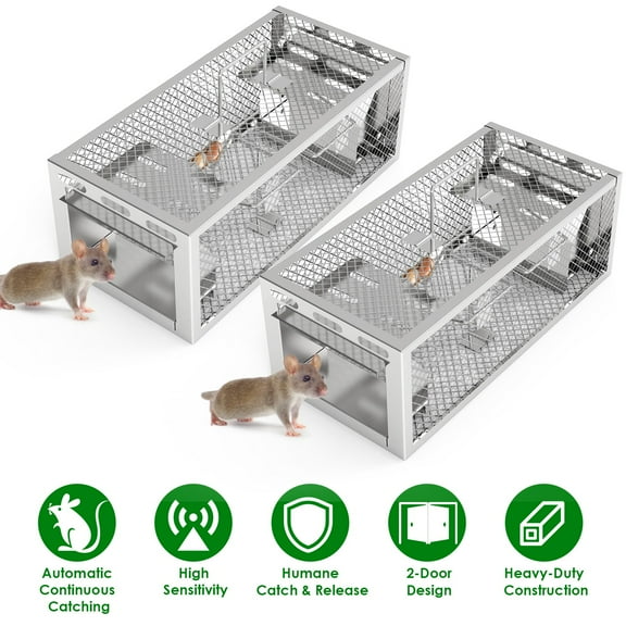 2Pack 2-Door Humane Rat Trap Automatic Continuous Mouse Trap Reusable Galvanized Iron Live Animal Cage