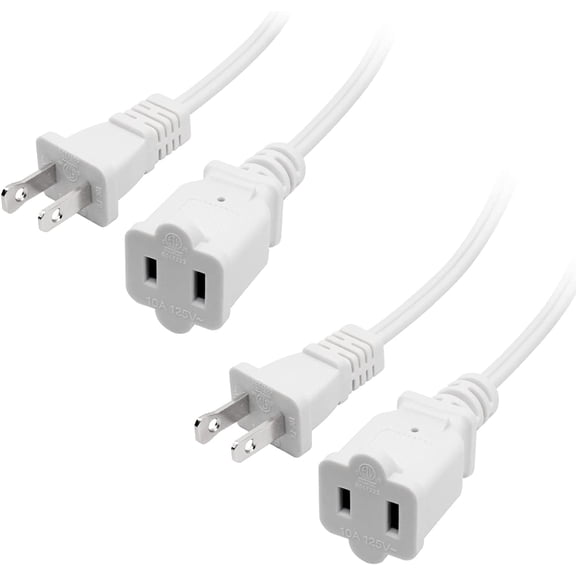 2Pack 2 Prong Extension Cord 5ft,Indoor Small and Slim Power Cable Male/Female,Lightweight Design for Decor Use, Christmas Lights & Home Appliances,White