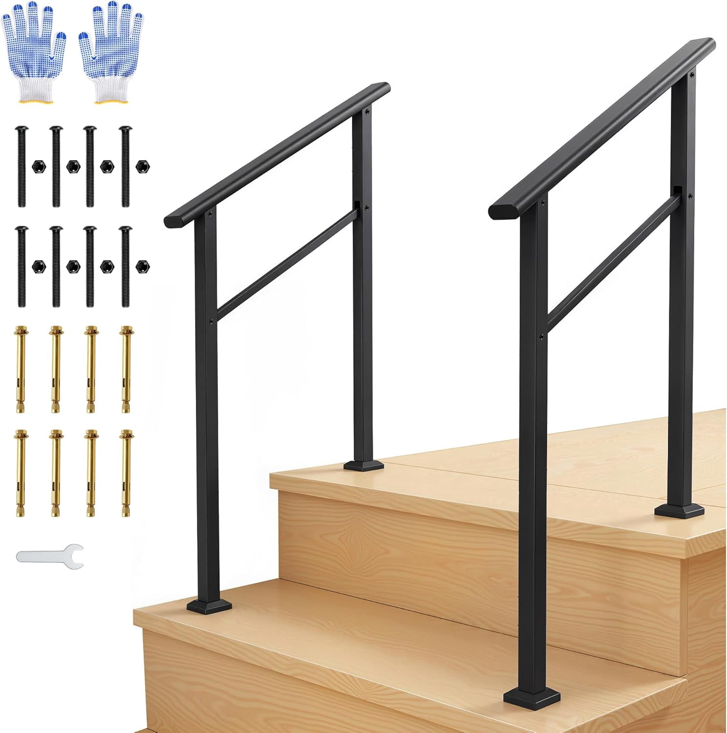 2Pack 2 Step Outdoor Stair Handrail, Aluminum & Iron Construction Hand ...