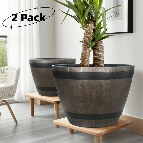 Gamexcel 2Pack 20.5" Classic Home and Garden Whiskey Plastic Resin Home Flower Pot Barrel Planter, Brown
