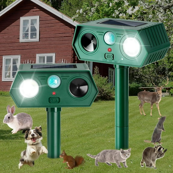 2Pack 2026 Ultrasonic Repellent Outdoor Deer Repellent Devices Solar Repeller Motion Activated Deterrent to Scare Cat Squirrel Rabbit Raccoon Skunk with LED Flash Lights for Yard Lawn