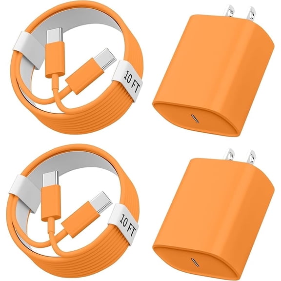 2Pack 20W USB-C Fast Charger Block & 3m/10ft Cable for iPhone 15/16/17 Series, Orange