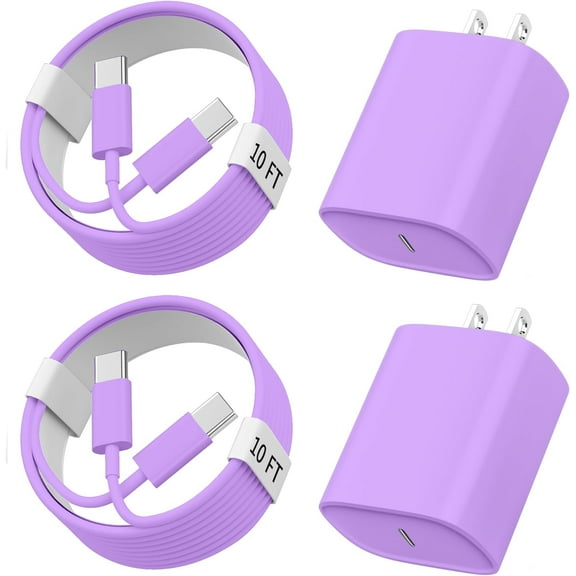 2Pack 20W USB-C Fast Charger Block & 3m/10ft Cable for iPhone 15/16/17 Series,Purple