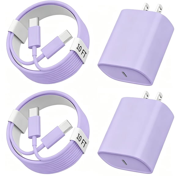 2Pack 20W USB-C Fast Charger Block & 3m/10ft Cable for iPhone 15/16/17 Series,Purple