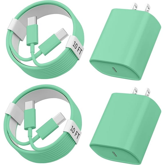 2 Pack 20W USB-C Fast Charger Block & 3m/10ft Cable for i Phone 15/16/17 Series, green