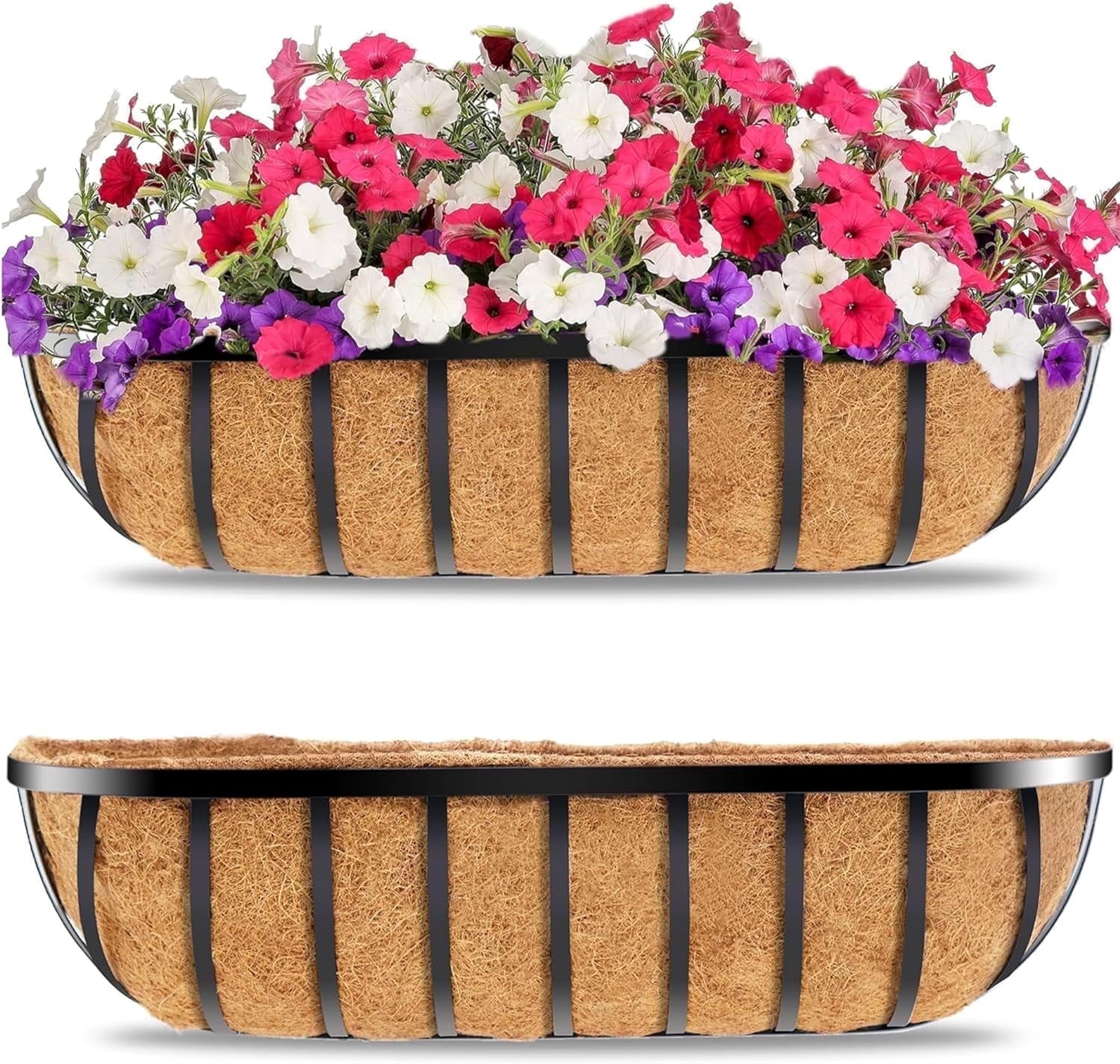 Gamexcel 2Pack 24" Window Box Deck Railing Planter with Horse Trough Coco Liners, Hanging Baskets for Balcony, Porch, Fence, Patio