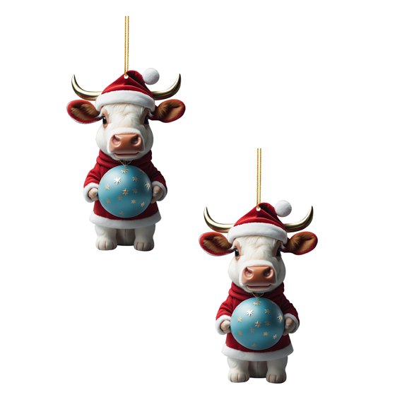 2Pack 2D Acrylic Cartoon Fun Christmas Cow Christmas Tree Ornament Acrylic Christmas Cartoon Cute Cow Ornament Double Print White Elephant Gift Ornament Hangs Home Decor