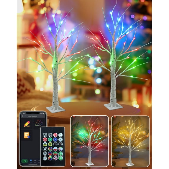 2Pack 2FT Smart Birch Tree Lights DIY Color Changing LED Twinkle Tree for Table Chasing Effect App Control RGB Fairy Lights Spirit Tree Lamp for Home USB Operated
