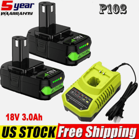 2Pack 3.6Ah 18Volt P102 Replace for Ryobi 18V Batteries and Charger Combo for 18 Volt ONE+ P103 P104 P105 P107 P109 P190 P191 P122