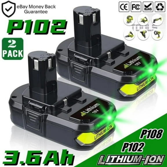 2Pack 3.6Ah P102 Battery Compatible with Ryobi 18V Lithium Battery ONE+ P103 P104 P105 P107 P108 P109 P190 P191 P122 Cordless Tool Battery