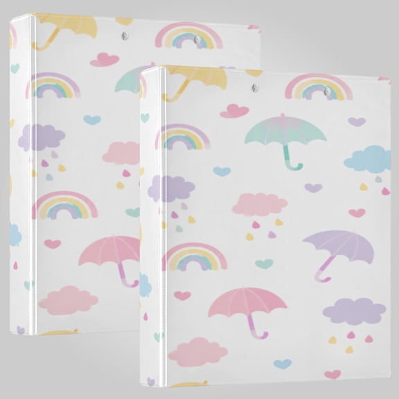 2Pack 3 Ring Binder 1.5 inch Round Rings with Interior Pockets Binders Organizer Office School Rainbow Umbrella Cloud Pattern