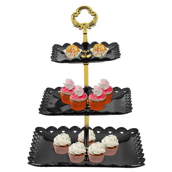 2Pack 3-Tier Cupcake Stand Holder, Square Tiered Serving Dessert Tray, Black