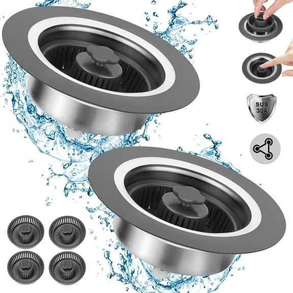 2Pack 3-in-1 Kitchen Sink Drain Strainer, Stainless Steel Sink Stopper, Pop Up Anti-Clogging Sink Strainer Basket Filter for US Standard 3-1/2 Inch Kitchen Drain, 6Pcs PP Basket