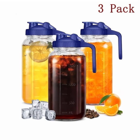 2Pack/3Pack 64Oz Glass Pitcher With Handle For Outdoor Entertaining, Leak-Proof Wide Mouth Mason Jar Water Jug With Pour Spout Lid, 2 Quart Portable Canteen For Camping, BBQ & Fridge, Glassware