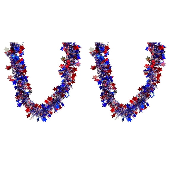 2Pack 4.92Ft Patriotic Glitter Tinsel Garland Decoration, Red White Blue Star Metallic Tinsel Twist Garland, 4th of July Decor Parade Golf Cart Shiny Tinsels for Independence Day Memorial Day Decor