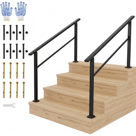 2Pack 4 Step Outdoor Stair Handrail, Aluminum & Iron Construction Hand Rails for Outdoor Steps, Easy Tool-Assembly Safety Railing, Black