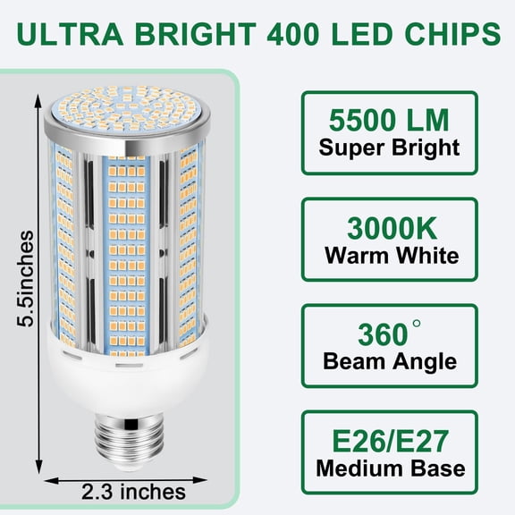 2Pack 400W Equivalent LED Corn Light bulb, 50W LED Corn Bulb Cob Light, 3000K Warm White, 5500 Lumens, E26/E27 Base Light Replace Halogen/Metal Halide/CFL, for Home,Shop,Porch,Yard,Garage Lighting