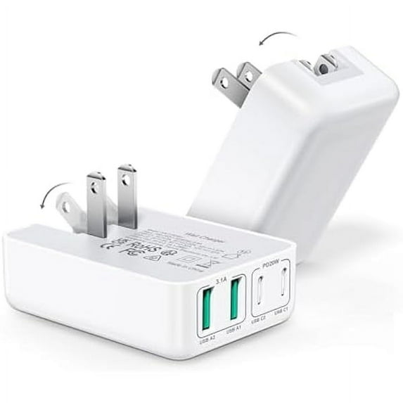 2Pack 40W Flat USB C Wall Charger, 4Ports Foldable & Slim Fast Charging Blocks, Multiport Type C Cube Box Power Adapter Plug, Boxeroo USB C Charger Block Brick for iPhone Samsung Tablet (White White)