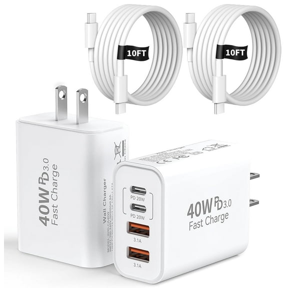 2Pack 40W USB C Charger Block with 10FT USB C to C Cable, 4 Port PD&QC Wall Charger Block Fast Charging Compatible with iPhone 17/17 Pro Max/16/16 Pro/16 Pro Max/16 Plus/15/15 Pro/15Pro Max/iPad