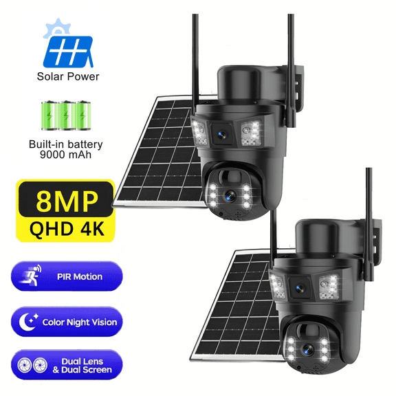 2 Pack 4K Solar Security Cameras Wireless Outdoor, 8MP 360° View Battery Powered, Dual Band WiFi, Night Vision, Spotlight, PIR Motion, Waterproof
