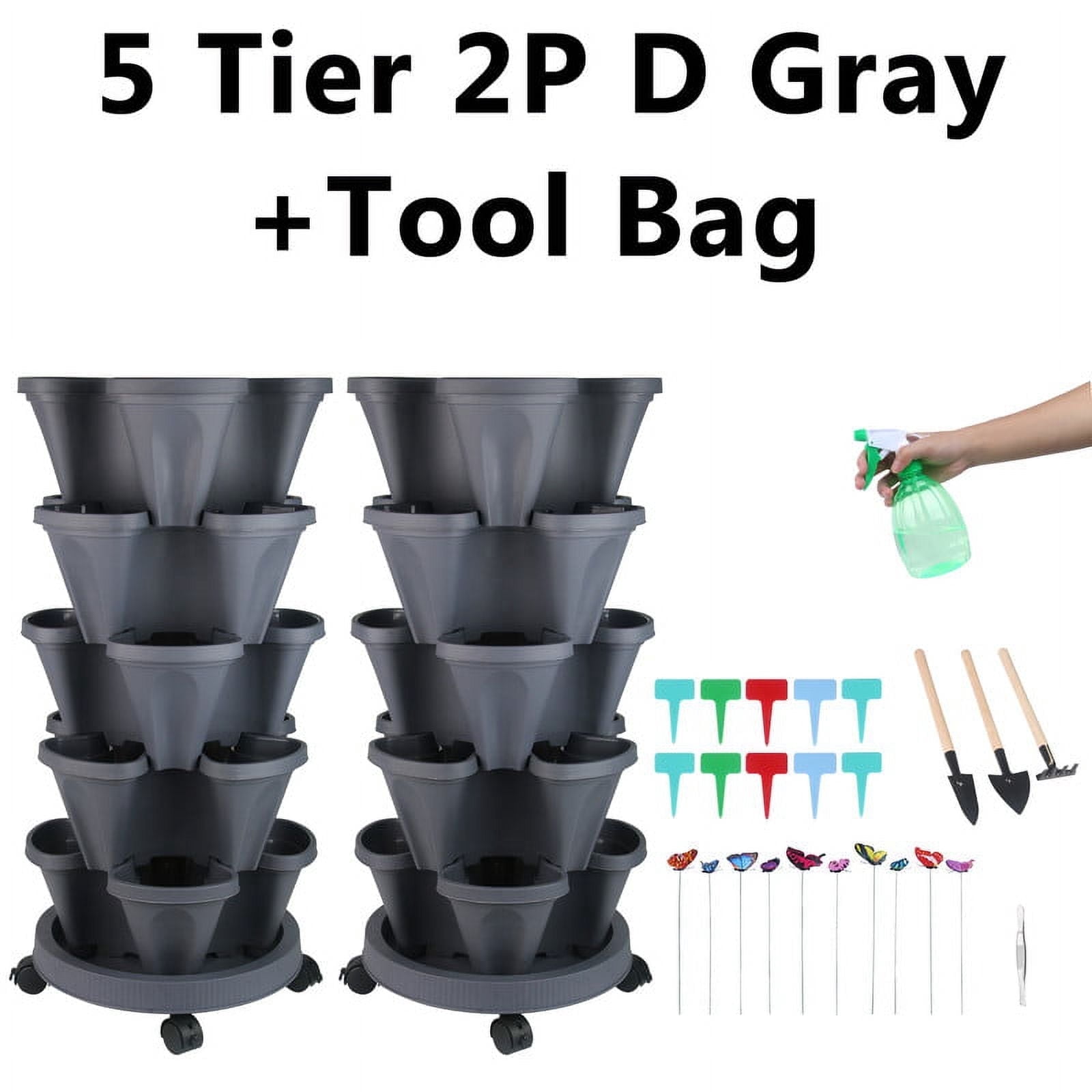 2Pack 5 Tier Vertical Garden Stackable Planter With Accessories for Vegetables, Flowers, Herbs, Succulents, Microgreen Gardening - Dark Gray