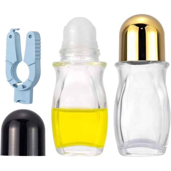 2Pack 50ml Clear Glass Roller Bottles Refillable Roll  Bottles with Plastic Ball for Essential Oils, Perfume, Deodorant - Empty Travel Size Glass Containers ( and Black Caps)