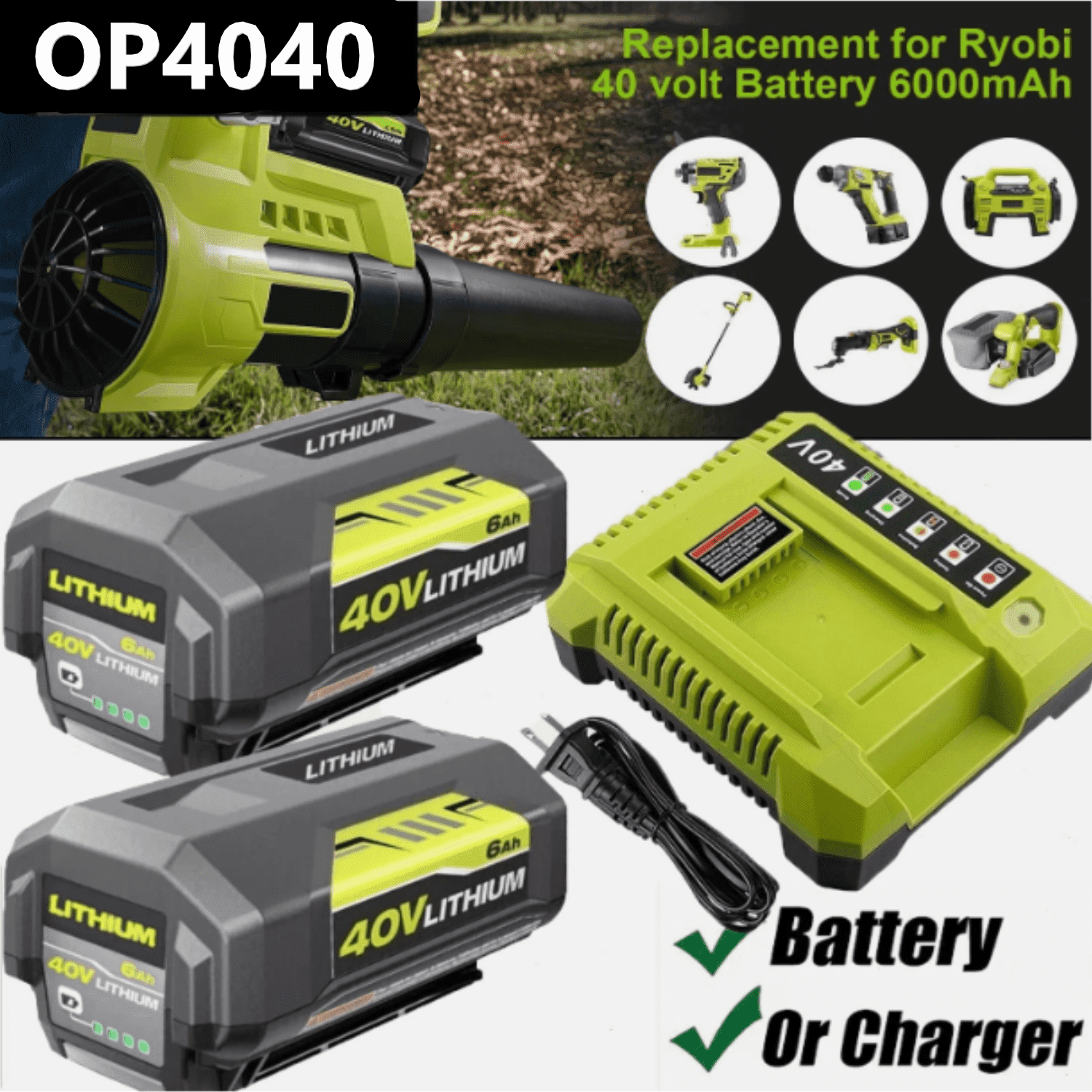2Pack 6.0Ah Replacement for Ryobi OP4040 40V Battery and OP401 Charger Combo Compatible with Ryobi 40 Volt OP40602 OP40501 OP40401 OP4050A OP4040 OP4030 Battery and Power Tools