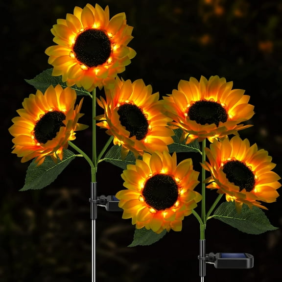 2Pack 6 Sunflowers Solar Garden Lights With Real Looking Flowers Outdoor IP4X Waterproof.Solar Stake Lights for Back Yard, Flower Bed, Pathway, Patio, Porch, Spring Decoration.