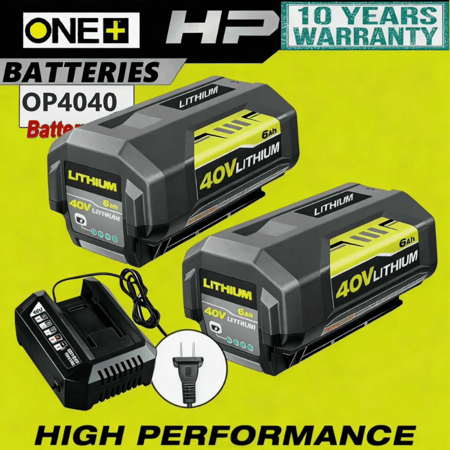 2Pack 6000mAh OP4040 Replacement for Ryobi 40V Battery and OP401 Charger Compatible with OP40261 OP4050 OP4040 OP40401 OP40201 OP40601 Cordless Power Tools (6.0Ah-Green)