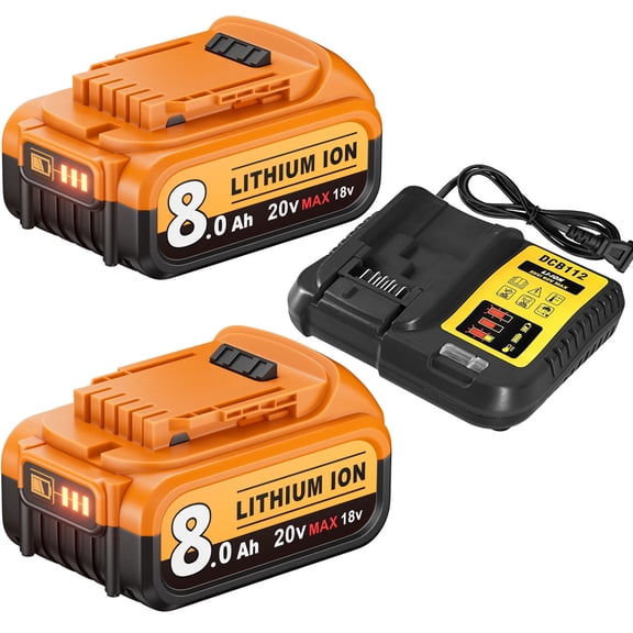 2Pack 8.0Ah 20V Max LithiumIon Battery & Charger Combo,12V20V DCB112 Charger Compatible with 20V Power Tools & DCB200 DCB201 DCB203 DCB204 DCB206 DCB207 DCB180 Battery Series