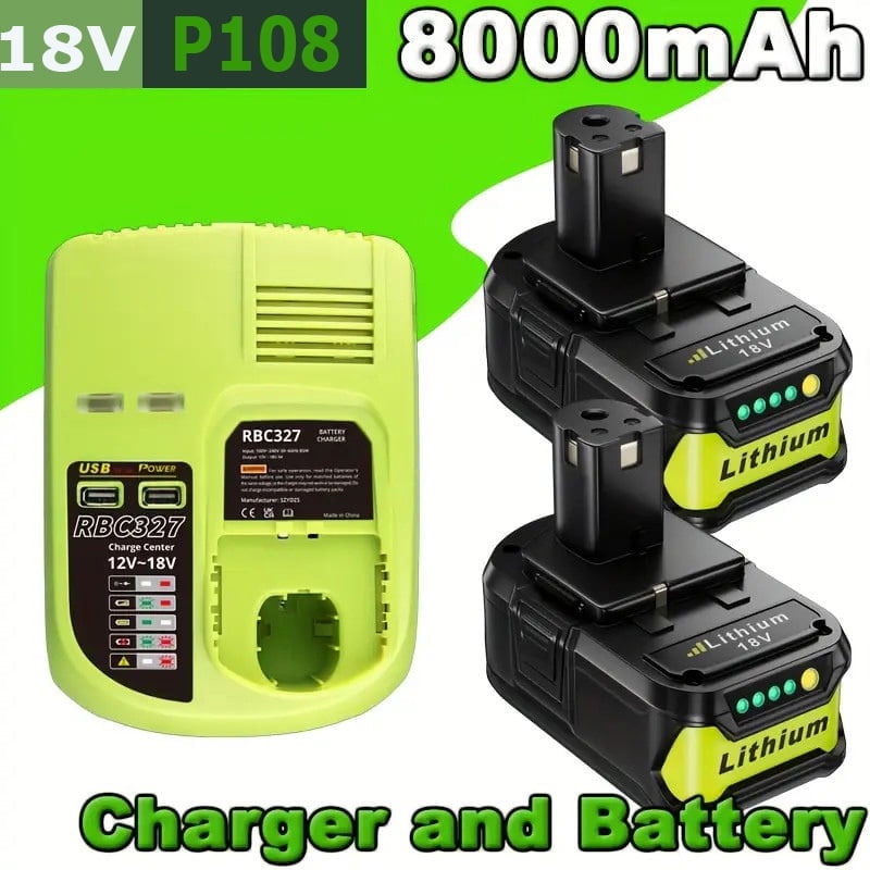 2Pack 8.0Ah Repacement for Ryobi 18V Battery with P117B Charger Compatible with Ryobi Battery 18V P102 P103 P104 P105 P107 P108 P109 Battery & Charger Kit