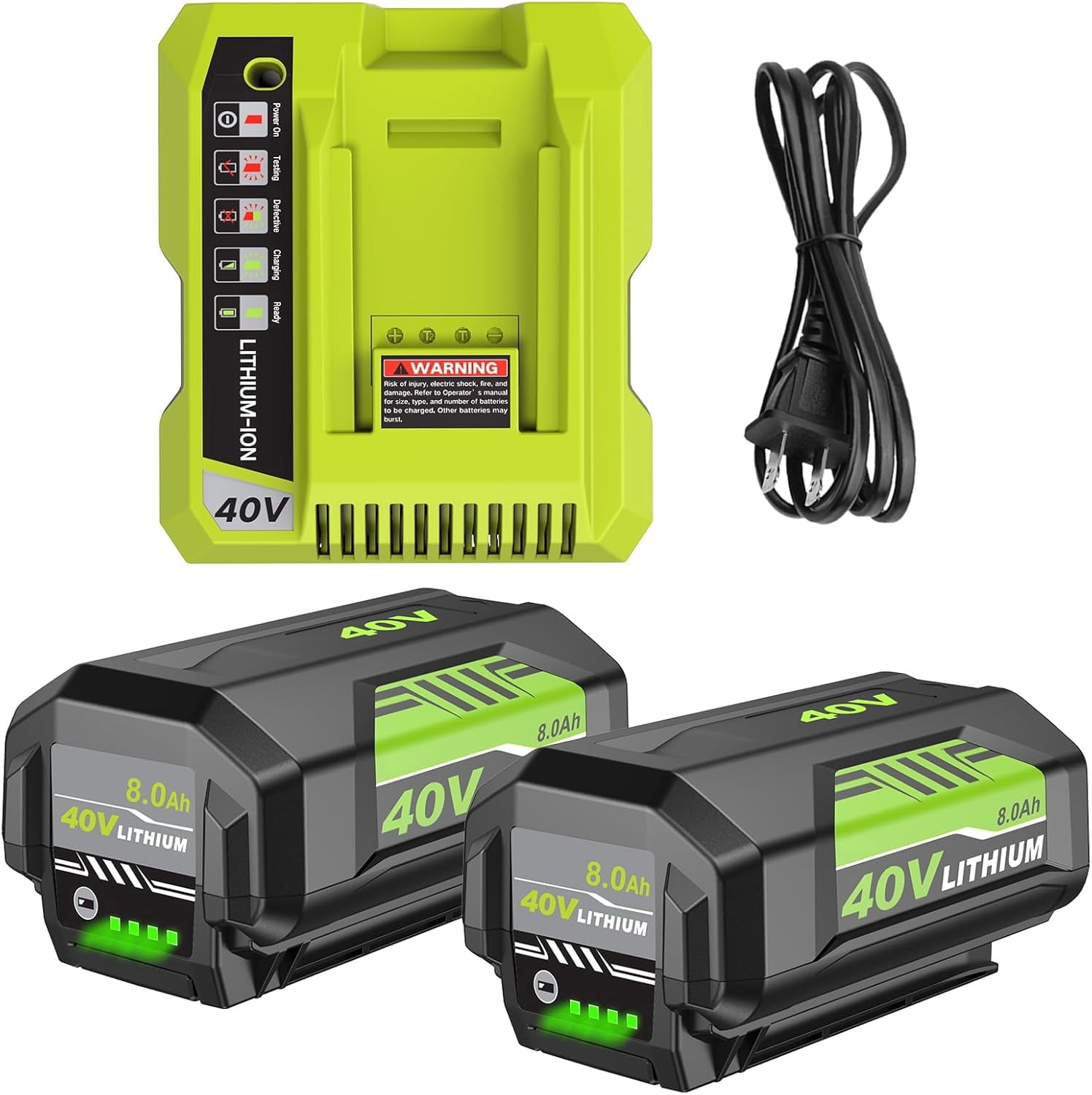 2Pack 8.0Ah Replacement for Ryobi 40V Battery Lithium Ion and OP401 Charger Compatible with Ryobi 40 Volt Battery OP4026 OP4050A OP4040 OP4030 OP4050 Replacement for 40v OP401 Charger