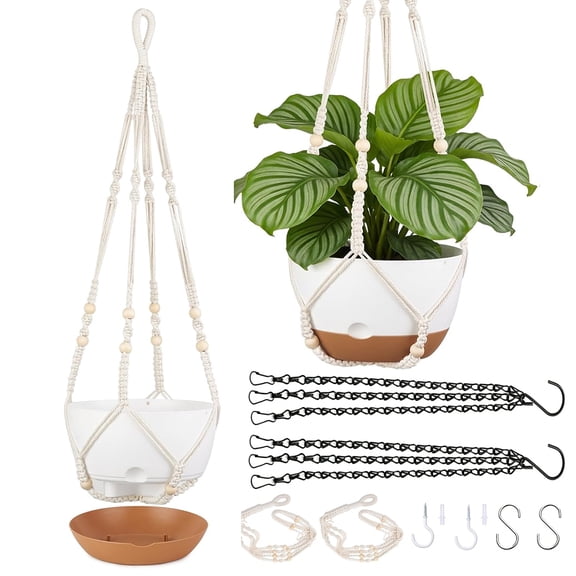 Berallo 2-Pack 9.6-inch Self-Watering Hanging Planters, 3-Way Plant Pots with Drainage Holes,Macrame & Chain Hangers for Indoor & Outdoor Use , White