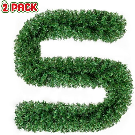 Qunler 2Pack 9ft Christmas Garland, Xmas Decorations DIY Non-Lit Pine Artificial Garland with 300 Tips for Outdoor Indoor Door Stairs Fireplace Mantel Front Porch ,Green