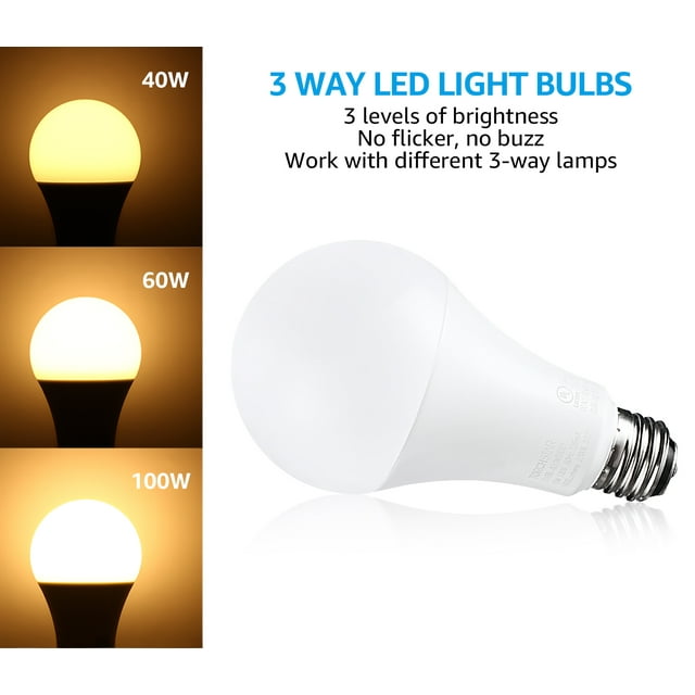 2Pack A21 LED 3way Light Bulbs, 2700K Soft White, E26 Base, 40/60/100W