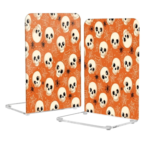 2Pack Acrylic Bookends Clear L-Shaped Book Holders with Non-Slip Pads Sturdy Durable Book Stoppers for Shelves, Office, School, Library, Home Desk Decor Adorable Skulls and Spider Webs