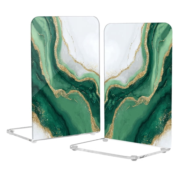 2Pack Acrylic Bookends Clear L-Shaped Book Holders with Non-Slip Pads Sturdy Durable Book Stoppers for Shelves, Office, School, Library, Home Desk Decor Alluring Gold-green Marble
