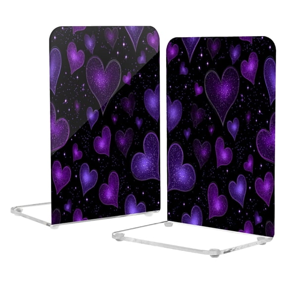 2Pack Acrylic Bookends Clear L-Shaped Book Holders with Non-Slip Pads Sturdy Durable Book Stoppers for Shelves, Office, School, Library, Home Desk Decor Amethyst Diamond Hearts