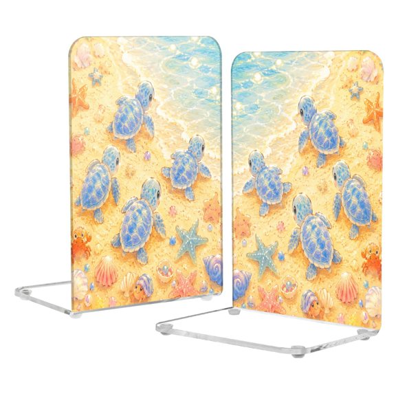 2Pack Acrylic Bookends Clear L-Shaped Book Holders with Non-Slip Pads Sturdy Durable Book Stoppers for Shelves, Office, School, Library, Home Desk Decor Baby Sea Turtle Beach Art