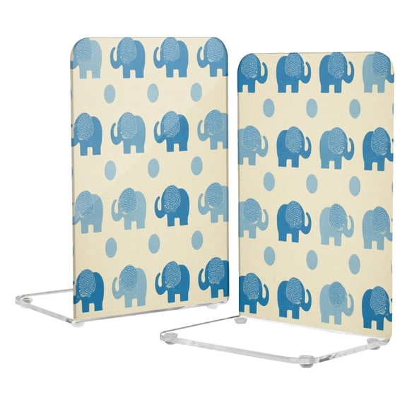 2Pack Acrylic Bookends Clear L-Shaped Book Holders with Non-Slip Pads Sturdy Durable Book Stoppers for Shelves, Office, School, Library, Home Desk Decor Blue Polka Dot Elephants