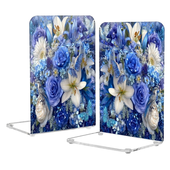 2Pack Acrylic Bookends Clear L-Shaped Book Holders with Non-Slip Pads Sturdy Durable Book Stoppers for Shelves, Office, School, Library, Home Desk Decor Blue and White Crystal Roses