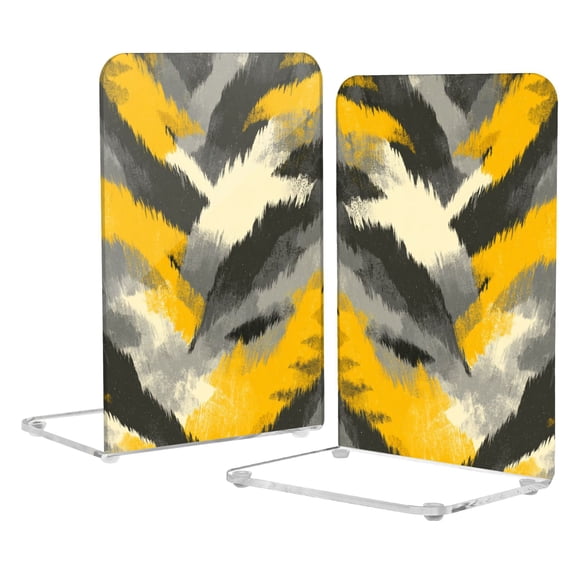 2Pack Acrylic Bookends Clear L-Shaped Book Holders with Non-Slip Pads Sturdy Durable Book Stoppers for Shelves, Office, School, Library, Home Desk Decor Brushstroke Yellow Grey Camo Print