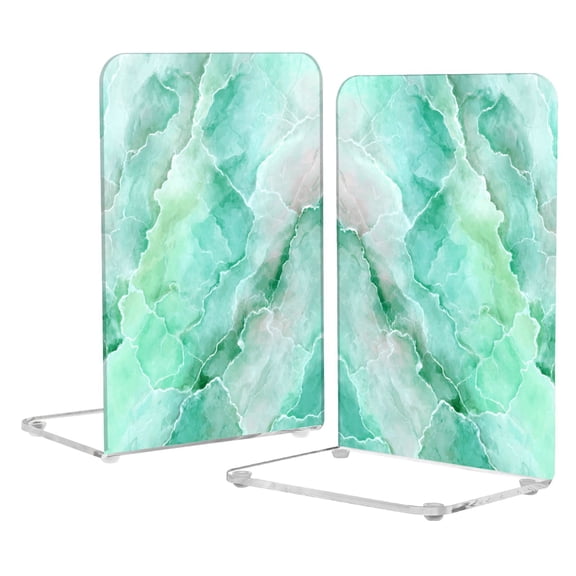 2Pack Acrylic Bookends Clear L-Shaped Book Holders with Non-Slip Pads Sturdy Durable Book Stoppers for Shelves, Office, School, Library, Home Desk Decor Calm Mint Marble Pattern