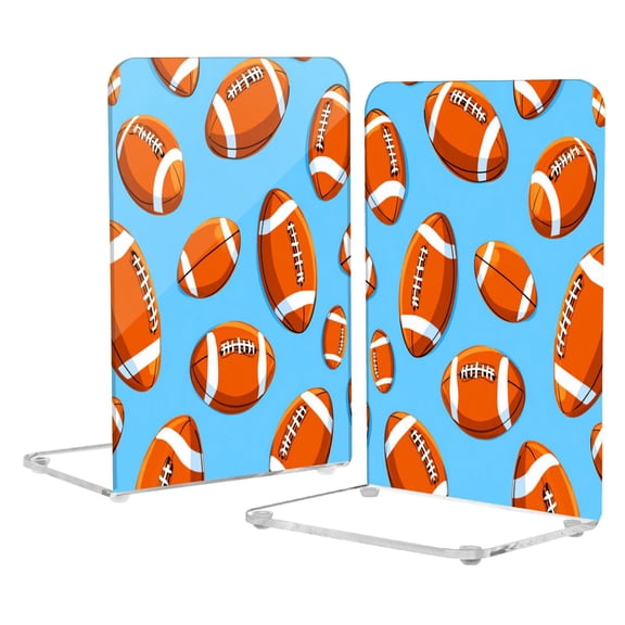 2Pack Acrylic Bookends Clear L-Shaped Book Holders with Non-Slip Pads Sturdy Durable Book Stoppers for Shelves, Office, School, Library, Home Desk Decor Cartoon Rugby Balls Pattern