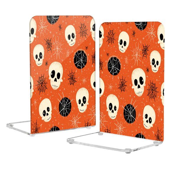 2Pack Acrylic Bookends Clear L-Shaped Book Holders with Non-Slip Pads Sturdy Durable Book Stoppers for Shelves, Office, School, Library, Home Desk Decor Cartoon Skulls and Cobwebs