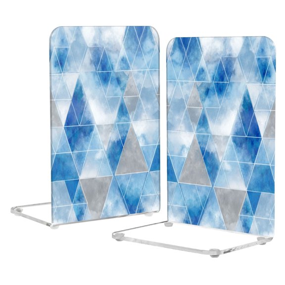 2Pack Acrylic Bookends Clear L-Shaped Book Holders with Non-Slip Pads Sturdy Durable Book Stoppers for Shelves, Office, School, Library, Home Desk Decor Cloudy Blue Grey Geometric Pattern