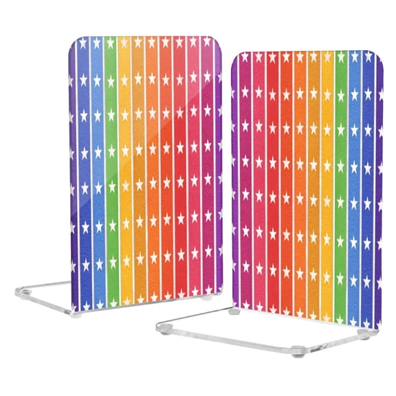 2Pack Acrylic Bookends Clear L-Shaped Book Holders with Non-Slip Pads Sturdy Durable Book Stoppers for Shelves, Office, School, Library, Home Desk Decor Cute Colorful Stripe Star Print